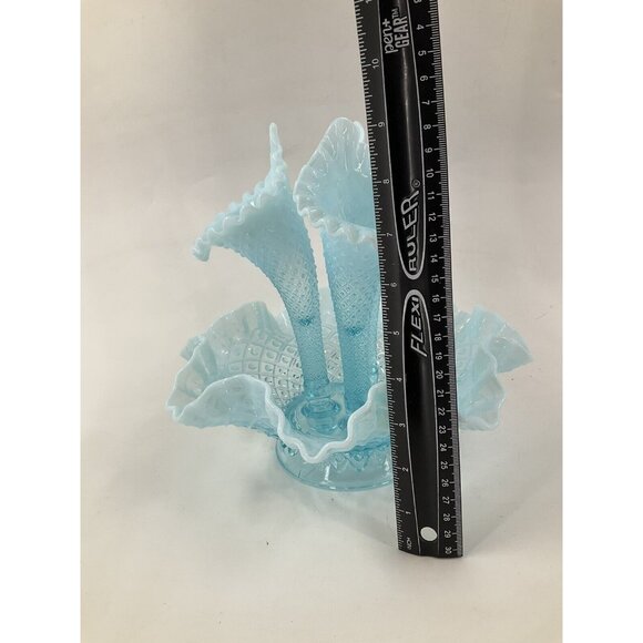 FENTON Glass 10" Flower EPERGNE Sea Blue Opalescent Hobnail Diamond Lace, MINT!! - Picture 6 of 16
